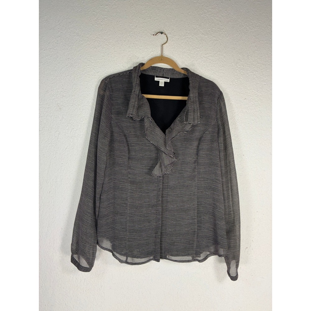 Coldwater Creek Black White Striped Ruffle Front Pleated Back Blouse Large 14-16